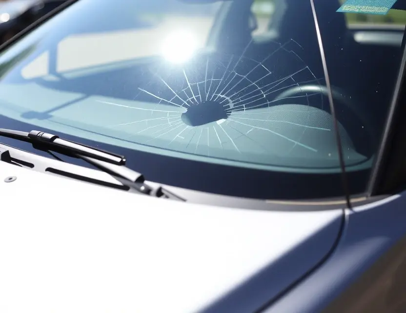 A close-up shot of a Scion tC with a cracked windshield, showing the area where the glass needs replacement. The car is parked outdoors on a sunny day. Focus on the damaged windshield area.