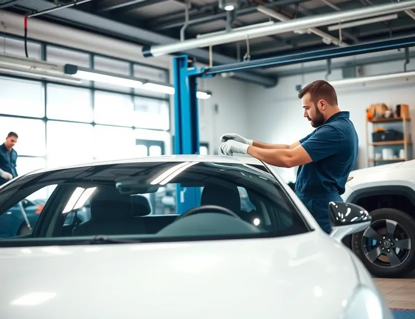 A professional automotive service center showing a technician carefully replacing a windshield on an Alpine car model, with clean tools and equipment visible, well-lit indoor environment, modern and hygienic workspace