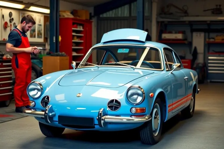 A classic Alpine A110 sports car with a 1.3 R4 engine, shown in a garage where the front windshield is being removed and a new one is being installed. The scene includes a mechanic in work overalls using tools, a clean workshop background with automotive equipment, realistic lighting highlighting the car's sleek lines and the glass replacement process.