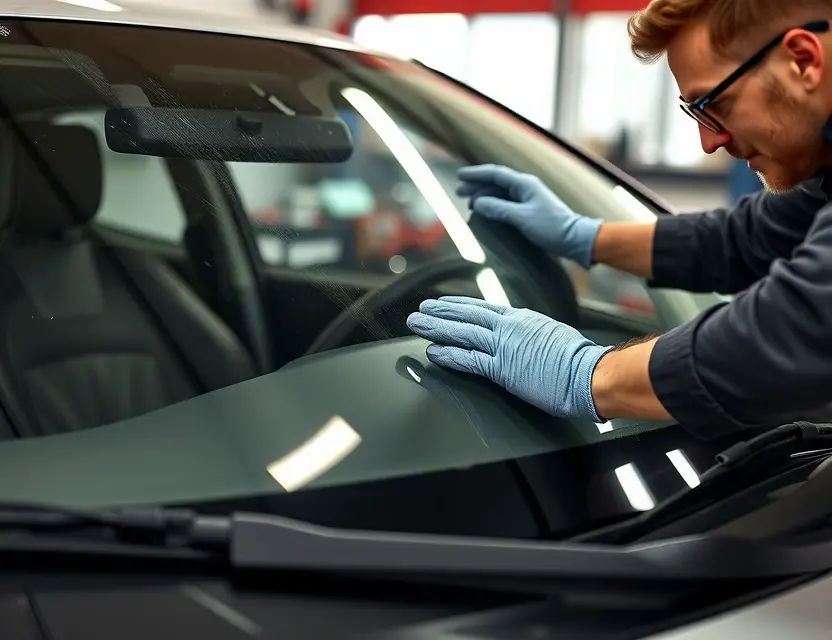 A close-up shot of a Scion car windshield being replaced by a mechanic. The mechanic is wearing gloves and a safety glasses. The windshield replacement process is visible, with tools and parts around. Focus on the replacement process and the mechanic's hands.