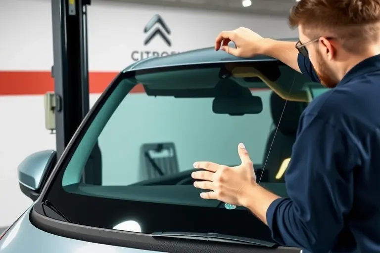 A detailed workshop scene showing a mechanic replacing the windshield of a Citroën C5 X 1.6 Turbo 180 hp (2021–present). The car is positioned on a lift, the old windshield is removed, and a new clear glass panel is being fitted. Tools such as a suction cup, a glass cutter, and a sealant dispenser are visible. The background shows a clean, organized garage with a subtle Citroën logo on a wall. The lighting is bright and focused on the car, highlighting the glass and the mechanic’s hands in action.