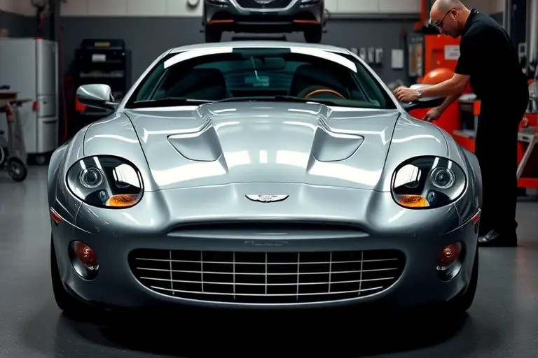 A professional garage scene showing a sleek Aston Martin DB7 with its front windshield being carefully removed and a new windshield being installed by a mechanic, focusing on the car's elegant lines and the glass replacement process, without any text, logos, or visible brand markings