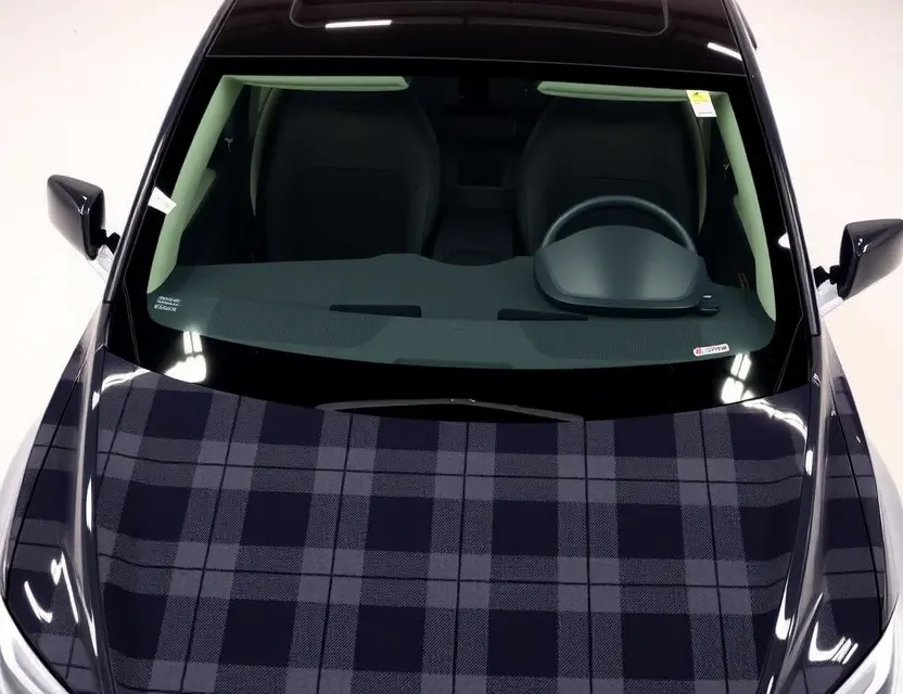 A Tesla Model X Plaid with a replaced windshield, showcasing the new glass. The car is parked on a clean, well-lit surface, possibly a service bay or dealership lot. Focus on the clarity and quality of the replacement windshield.