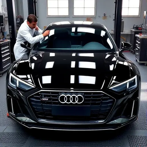 A detailed workshop scene showing a mechanic in a white coveralls removing the old windshield from a 2018 Audi Q8, with the car's front exposed, and a new windshield being fitted. The setting includes a car lift, tools, and a clear view of the car's front. The focus is on the replacement process, with emphasis on the car's sleek design and the technician's careful handling.