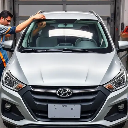 A mechanic replacing the windshield of a Baojun 510 car, showing the car's front, the old windshield removed, a new windshield being installed, tools, and a clear view of the car's front