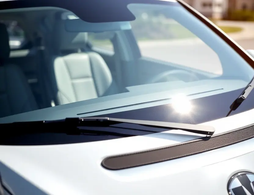 A Geely Preface with a replaced windshield, showing the new windshield installed. The car is parked outdoors on a sunny day. Focus on the clarity and quality of the new windshield.