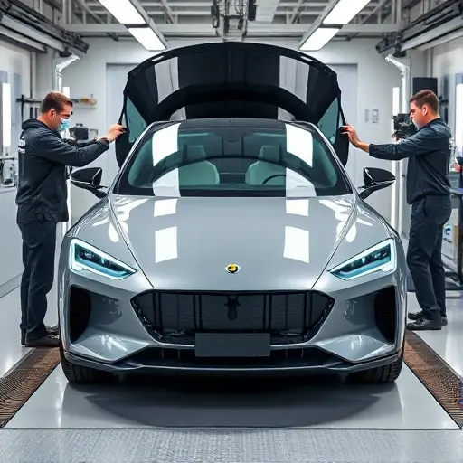 A modern automotive service bay showing an XPeng X9 electric car (2023 model) with its front windshield being carefully removed and a new windshield being installed. The scene includes professional technicians using specialized tools, a clean and well-lit environment, and the sleek design of the vehicle highlighted, without any text, logos, or numeric markings.