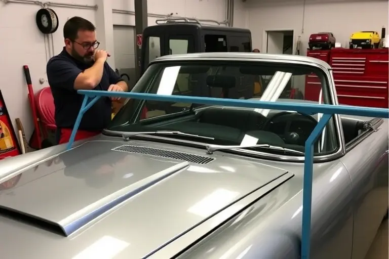 A mechanic replacing the windshield of a 1971 Jensen Interceptor 7.2 V8 335 hp in a workshop, showing the classic car body, the new windshield, tools, and a clear view of the replacement process