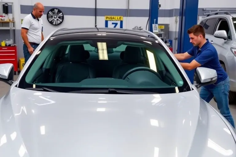 A professional automotive workshop scene showing a mechanic carefully removing the old windshield and installing a new windshield on an Alfa Romeo Tonale 1.5 Hybrid, focusing on the car's sleek silhouette and the glass replacement process, with tools and a clean environment, no text or logos