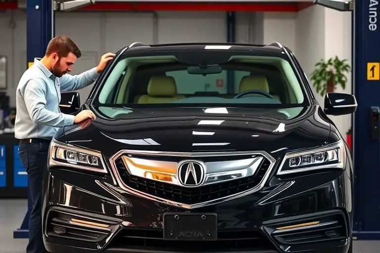 A professional auto repair garage scene showing an Acura MDX (2014-2020) with its front windshield removed and a new windshield being installed. A skilled mechanic in a clean uniform is using suction cups and a windshield installation tool, with the car lifted on a service lift. The focus is on the vehicle's front end, the glass, and the precise work being done, with realistic lighting and detailed textures.