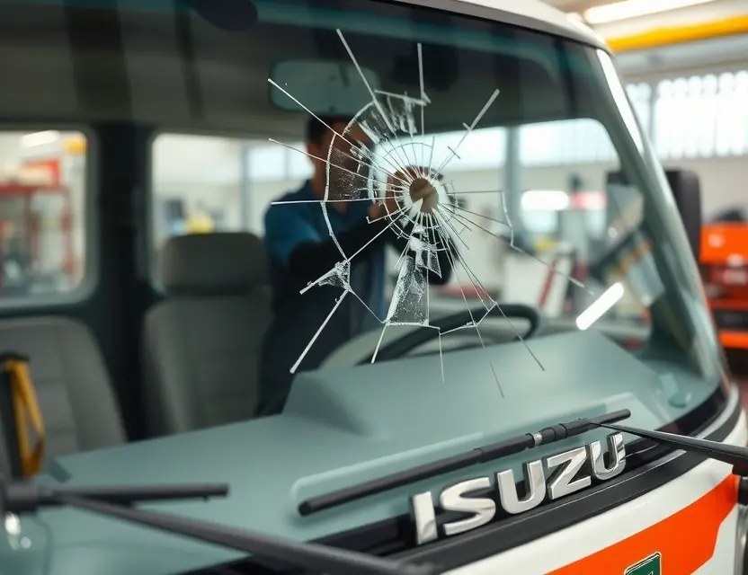 A close-up shot of an Isuzu vehicle with a cracked windshield, showing the process of windshield replacement. A technician is working on the windshield, with tools and parts visible in the background. The focus is on the damaged windshield and the repair process.