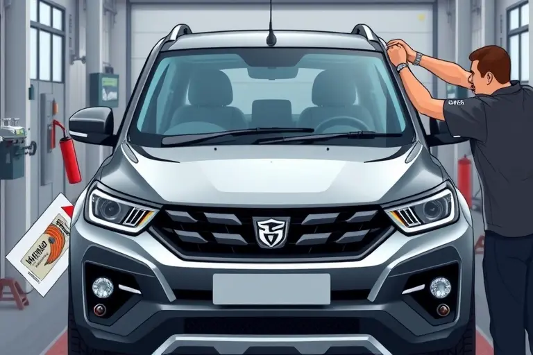 A detailed, realistic illustration of a mechanic replacing the windshield on a Mahindra XUV700 2.0 Turbo 200 hp (2021 model). The scene shows the front of the vehicle in a service bay, the old windshield partially removed, a new windshield being fitted, and tools such as a suction cup, a windshield removal kit, and a sealant dispenser. The focus is on the car’s front profile, the replacement process, and the surrounding workshop environment, with clear lighting and depth of field.