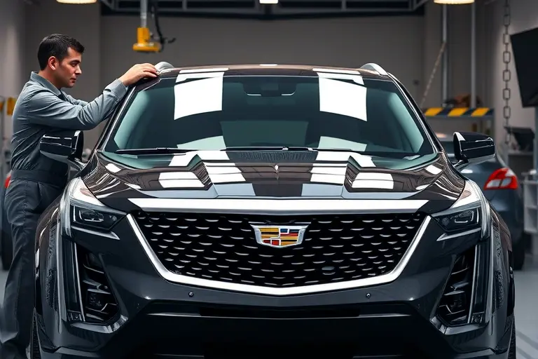 A close-up photorealistic image of a Cadillac XT6 in a modern auto repair shop, showing the installation of a new front windshield. A technician in work attire is carefully placing the large glass onto the car frame. The sleek front design and headlights of the Cadillac are visible. Bright workshop lighting, high detail, professional automotive photography.