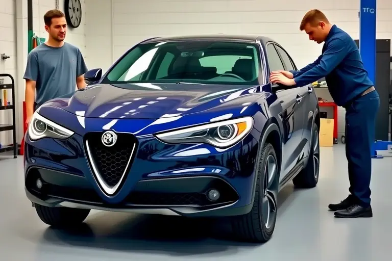A realistic scene of an Alfa Romeo Stelvio 2.2 Diesel with a mechanic carefully removing the old windshield and installing a new one, focusing on the car's front view and the glass replacement process, with a clean workshop background and no visible text or logos