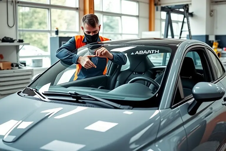 A sleek 2024 Abarth 600e electric sports car in a modern auto workshop, with a professional mechanic wearing safety gear carefully removing the damaged windshield and installing a new transparent windshield; clean workbench with tools, bright natural lighting, focus on the car and the windshield replacement process
