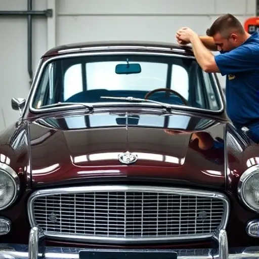 A mechanic replacing the windshield on an Austin Westminster 4.0L R6 150 hp car, showing the front of the car, the new windshield, tools, and the replacement process