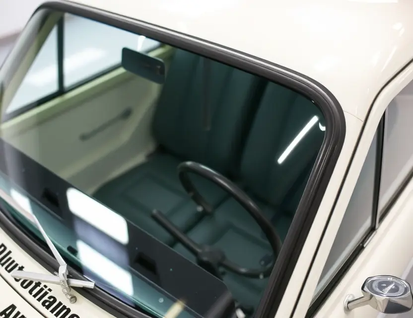 A close-up shot of an Autobianchi A112 with a replaced windshield. The windshield is clear and new, seamlessly integrated with the car's frame. The car is parked on a clean, bright surface, possibly a workshop floor. Focus on the replacement and the quality of the new glass.