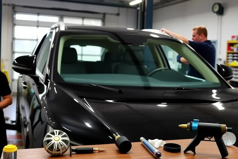 A detailed workshop scene showing a skilled mechanic replacing the windshield of a Lincoln Aviator PHEV 3.0 V6. The car is positioned on a lift in a well-lit garage, with the old glass partially removed and a new, clear windshield being installed. Tools such as a suction cup, a glass cutter, and a sealant gun are neatly arranged on a workbench. The focus is on the precision of the replacement process, highlighting the vehicle’s sleek design and the technician’s careful handling of the glass.