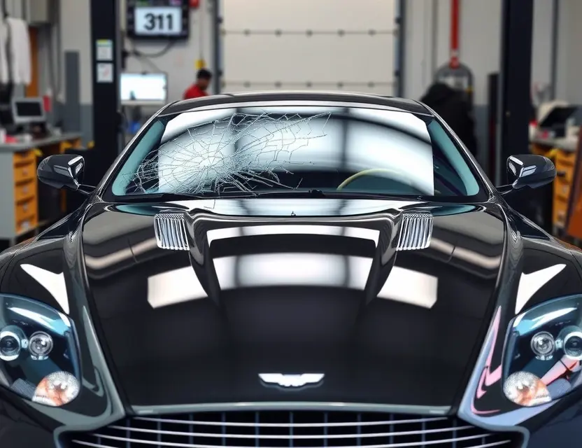 A high-quality image of an Aston Martin DB9 car with a cracked windshield being replaced by a new glass, showing the process of windshield replacement in a professional auto shop, realistic lighting, detailed car exterior, focus on the glass replacement work, no text or numbers on the image
