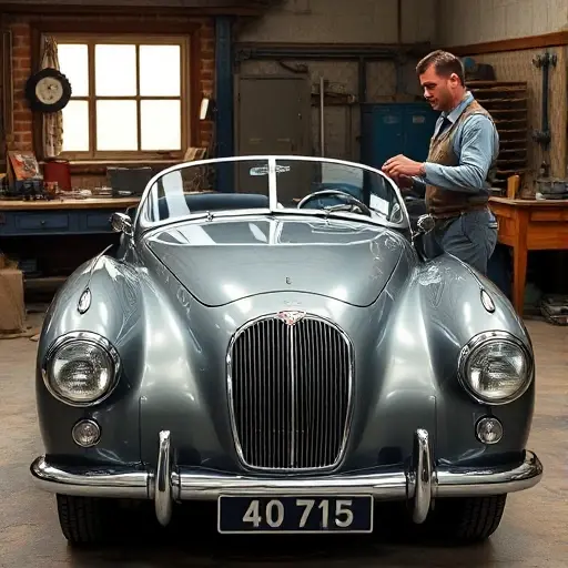A vintage Bristol 401 automobile from the early 1950s parked in a classic workshop, with a mechanic in period attire carefully removing the old curved windshield and holding a new matching glass pane. The scene shows the car's distinctive rounded front, chrome details, and the wooden workbench with tools typical of the era. The lighting is soft, highlighting the polished metal and the clear glass, emphasizing the restoration process.