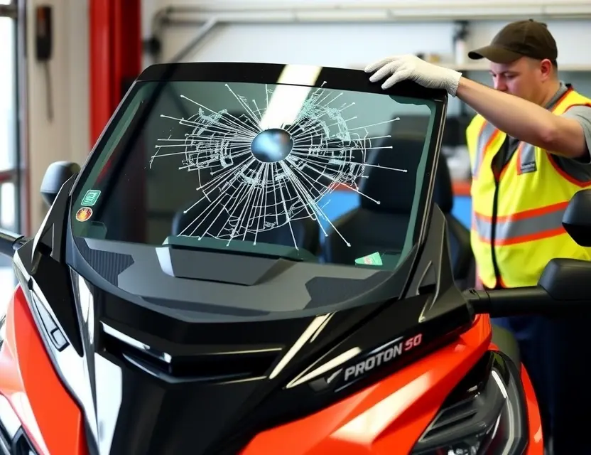 A Proton X50 with a cracked windshield being replaced by a mechanic. The mechanic is wearing a safety vest and gloves, and the replacement windshield is being installed. The background shows a garage or workshop setting.