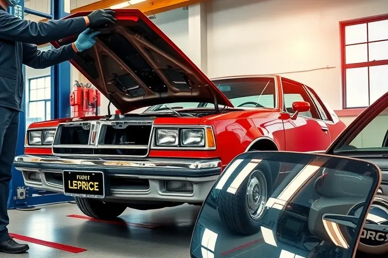 A realistic workshop scene showing a mechanic in gloves removing the old windshield from an Oldsmobile Cutlass Supreme 3.8 V6 160 hp, with the car on a hydraulic lift, the old glass pieces on the floor, and a new windshield being fitted, all in high detail and color