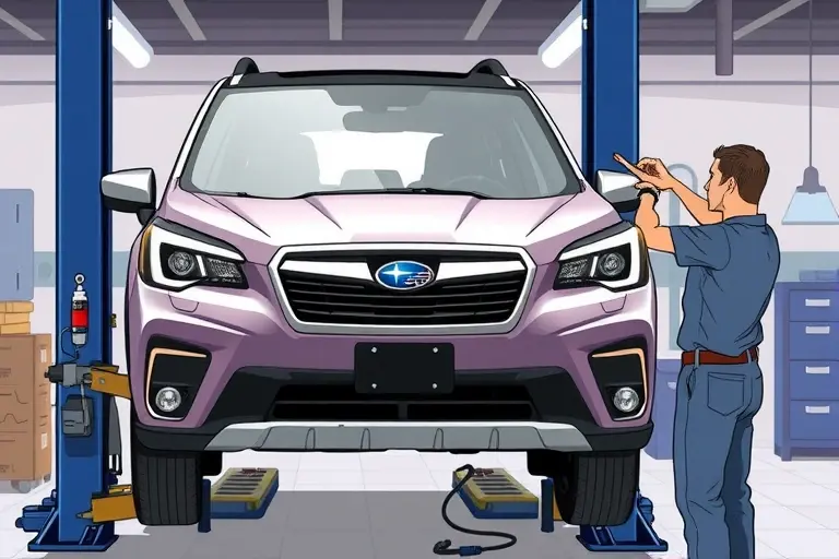 A detailed, realistic illustration of a mechanic replacing the windshield on a 2018 Subaru Forester 2.5L. The scene shows the car on a lift, the old windshield removed, a new clear windshield being fitted, with tools such as a suction cup, a sealant dispenser, and a cleaning cloth. The background is a clean automotive repair shop with subtle lighting, no visible text or signage.