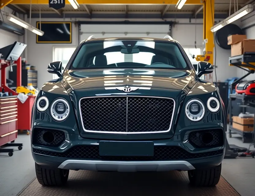 A high-quality professional photograph of a Bentley Bentayga SUV in a clean, well-lit auto repair shop, showing the front view with the windshield area exposed and ready for installation, surrounded by automotive tools and safety equipment, realistic lighting, sharp focus on the vehicle body, no text or logos