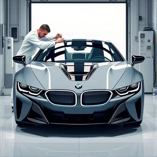 A high‑detail illustration of a BMW i7 (2023 model) in a modern service bay, focusing on the front of the car where the windshield is being replaced. Show a professional mechanic in clean workwear using tools to remove the old glass and position a new windshield, with the car's sleek silhouette and distinctive i7 front design clearly visible. Emphasize the glass panels, the car's signature kidney grille, and the precise, clean environment of an automotive workshop.