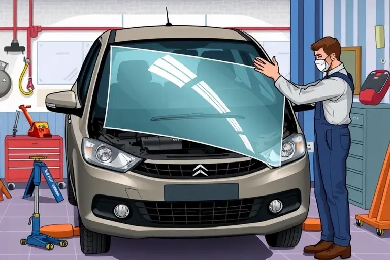 A realistic illustration of a mechanic replacing the windshield on a LADA Vesta 1.6 L 106 hp (2015–present). The scene shows the car on a lift with the old windshield removed, a new clear glass panel being fitted, and tools such as a suction cup, a sealant gun, and a protective mask. The background is a workshop with a workbench, a car jack, and a toolbox. Focus on the car and the replacement process with realistic lighting and a slightly blurred background.