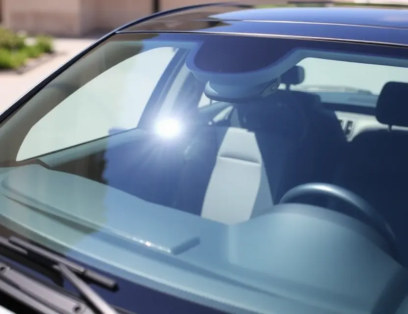 A PGO Cévennes car with a replaced windshield, showcasing the new glass. The car is parked outdoors on a sunny day. Focus on the clarity and quality of the replacement windshield.