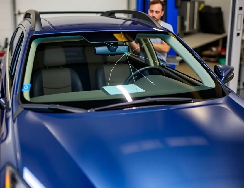 A Subaru Outback with a cracked windshield being replaced by a mechanic. The car is parked on a service lift in a garage. The replacement windshield is being installed. Focus on the mechanics and the replacement process.