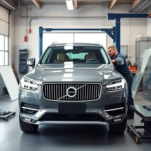 A Volvo XC90 SUV with its front windshield being carefully removed by a professional mechanic in a clean workshop, with tools and protective glass sheets nearby