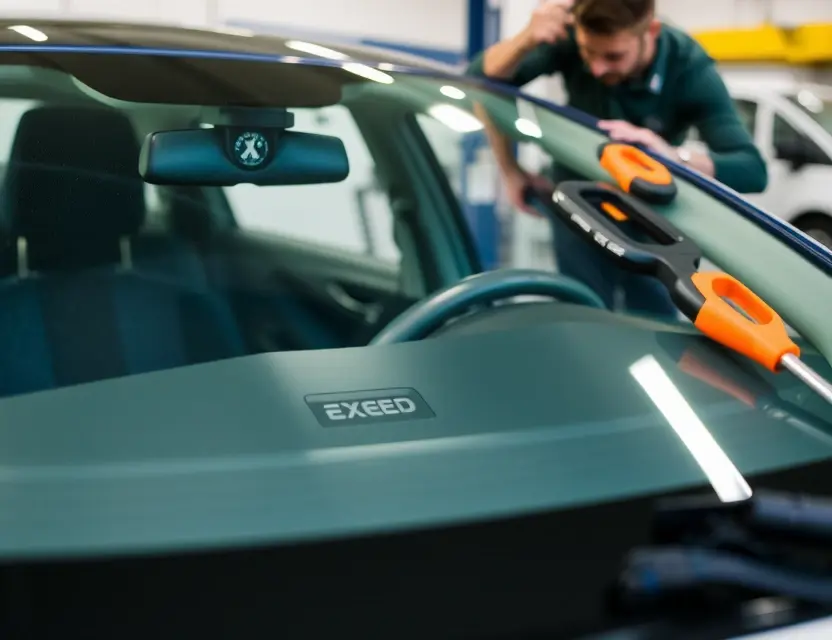 A close-up shot of an Exeed car windshield being replaced by a technician. The car is parked in a garage. Focus on the replacement process, showing tools and the new windshield.