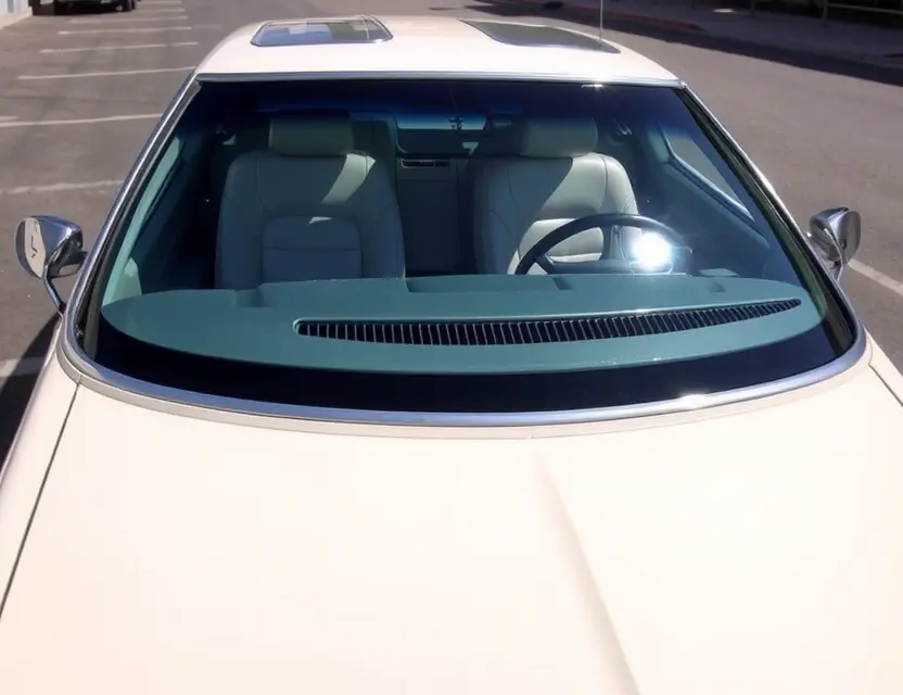 A high-quality image depicting a Buick Riviera with a replaced windshield. The car is parked outdoors on a sunny day. The replaced windshield is clear and seamless, showing the interior of the car. Focus on the details of the replacement and the car's exterior.