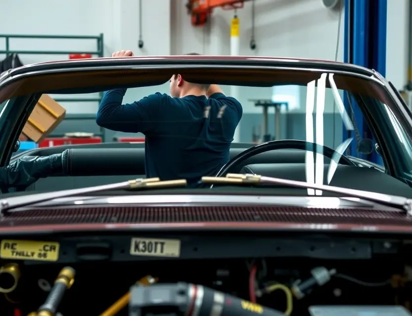 A detailed view of a professional mechanic replacing the windshield of a Mercury Marauder car. The car should be in a well-lit garage or workshop, with the mechanic using appropriate tools and safety equipment. The scene should include the old windshield being removed and the new one being installed, with attention to the precision and care required for the task.