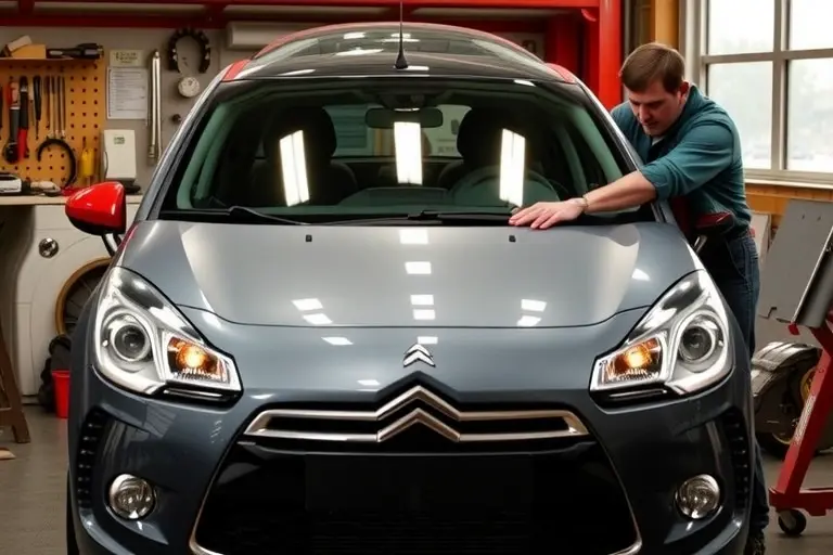 A realistic workshop scene showing a mechanic replacing the windshield of a 2011 Citroën DS3 Racing 1.6 THP 207 hp. The car's front is visible with the old windshield removed and a new windshield being installed. Tools and a workbench are present, with proper lighting and detail.