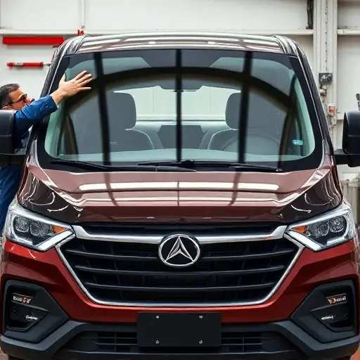 A realistic depiction of a mechanic installing a new clear windshield on a Baojun 730 car, showing the front of the vehicle, the new glass panel, the mechanic's hands and tools in the background, with no text, letters, or digits visible