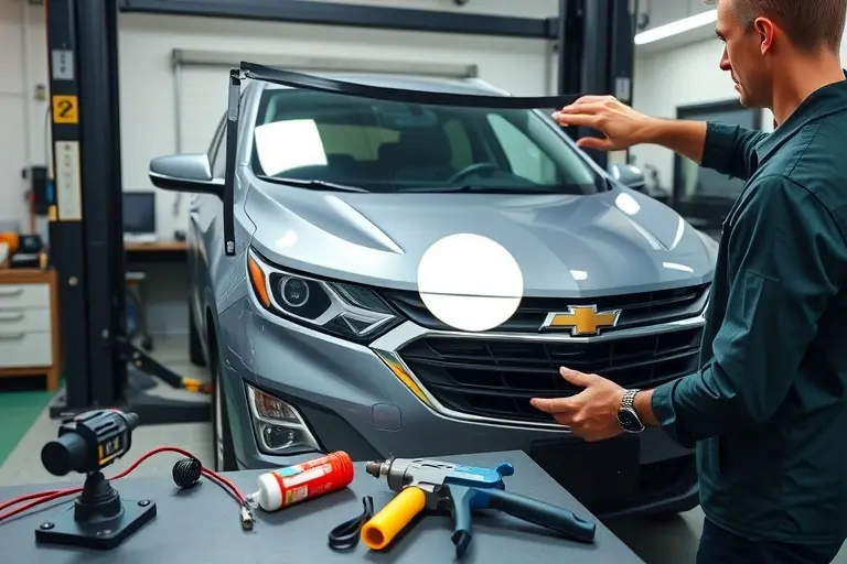 A mechanic in a garage is installing a new windshield on a Chevrolet Equinox. The car is positioned on a lift, the old windshield is removed, and the new windshield is being fitted into the frame. Tools such as a suction cup, a sealant gun, and a glass cutter are on a workbench. The scene shows the car's front, the windshield frame, and the mechanic's hands. The background is a clean workshop with a workbench and a car lift.