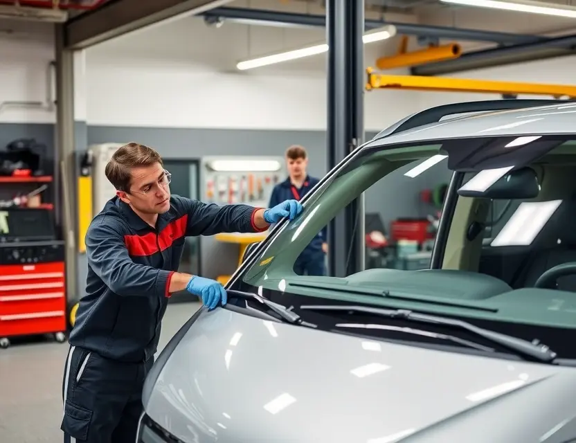 A professional automotive service center showing a technician carefully replacing a windshield on an Argyll 8 vehicle, with clean tools, safety equipment, and a modern workshop background, no people other than the technician, no text or logos