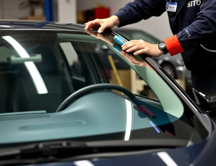 A close-up shot of a Baojun 310 car windshield being replaced by a mechanic. The focus should be on the replacement process, showing tools and the new windshield. The car should be parked in a garage or workshop setting.