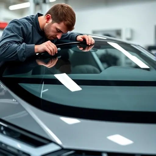A detailed close-up of a skilled automotive technician carefully installing a new windshield on an Audi e-tron S, showcasing the car's sleek front fascia, the transparent glass panel, and the precision tools used in the replacement process, all set in a clean, well-lit workshop environment.