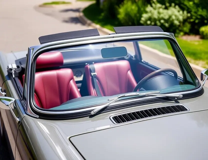 A detailed, high-quality image of a Sunbeam Tiger with a replaced windshield. The car should be parked outdoors on a sunny day, showcasing the new windshield. Focus on the clarity and visibility of the replacement.
