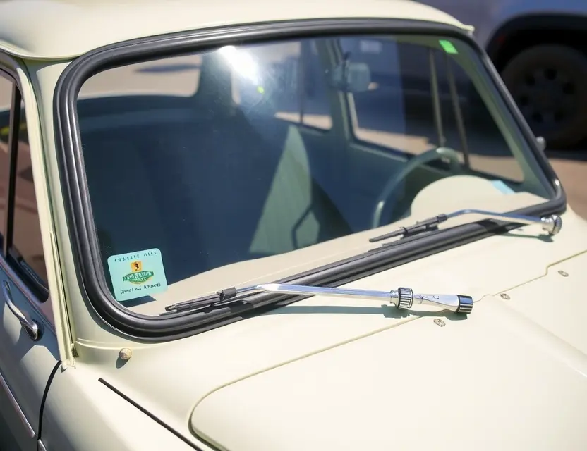 A Trabant P50 with a replaced windshield, showing the new glass installed. The car is parked outdoors on a sunny day. Focus on the windshield replacement detail.