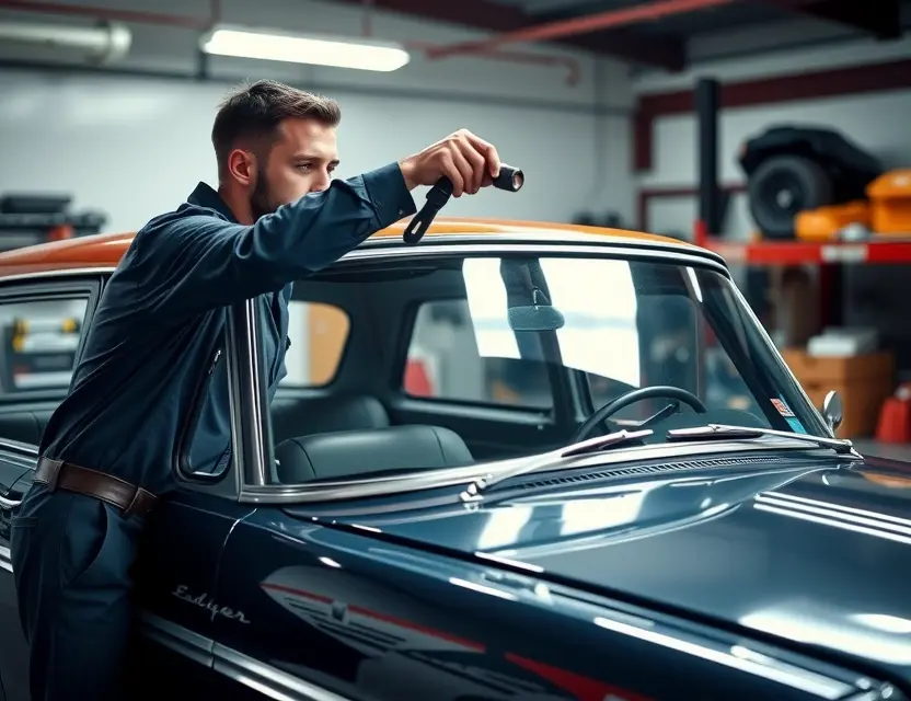 Замена лобового стекла Edsel Ranger A detailed scene of a professional mechanic replacing the windshield of an Edsel Ranger car. The mechanic is using specialized tools to carefully remove the old windshield and install a new one. The car is parked in a well-lit garage with various automotive tools and equipment in the background.