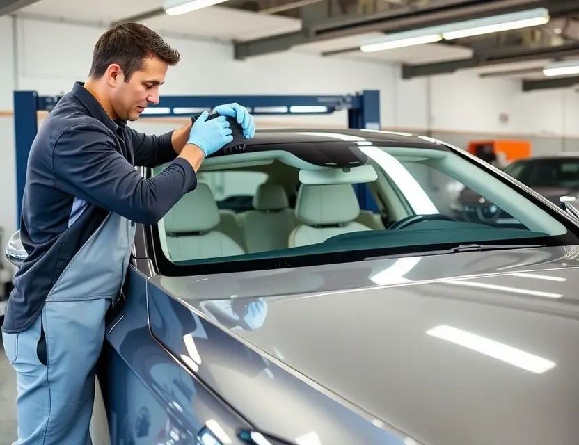 Замена лобового стекла Maybach A professional auto glass technician carefully replacing the windshield of a luxury Maybach car in a well-lit garage. The technician is wearing safety gloves and using specialized tools to ensure a precise fit. The Maybach is parked on a lift, and the new windshield is being aligned perfectly. The garage is clean and organized, with other high-end vehicles visible in the background.