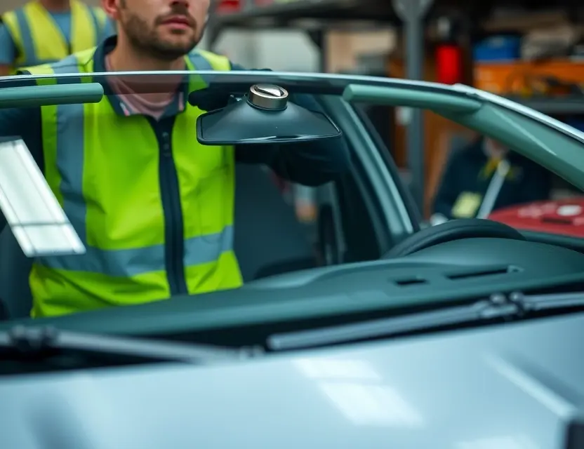 A close-up shot of a Citroen car windshield being replaced by a mechanic. The mechanic is wearing a safety vest and gloves, and the windshield is being held in place by suction cups. The background is a garage with tools and equipment.