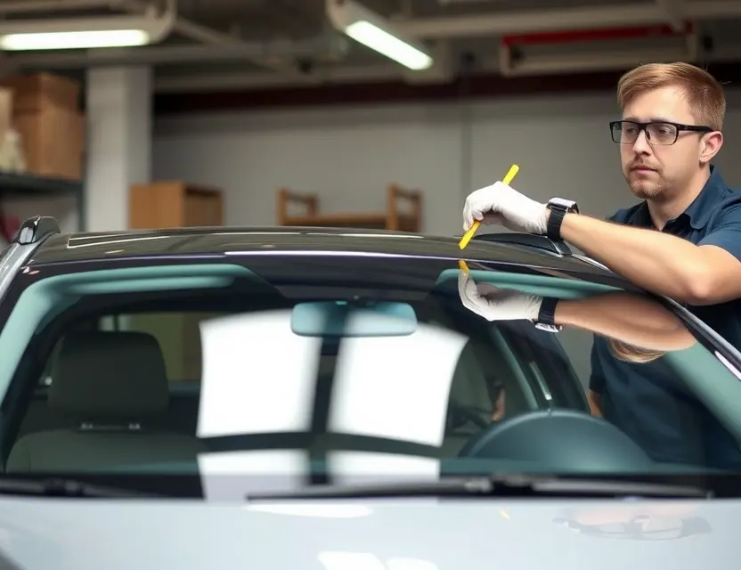 A car windshield being replaced by a technician. The car is a modern sedan, and the technician is wearing safety glasses and gloves. The background is a clean, well-lit garage or workshop. Focus on the replacement process, showing the old windshield being removed and the new one being installed.