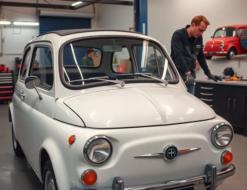 A vintage white Autobianchi Bianchina parked in a professional auto repair shop, with its front windshield removed and a new clear glass windshield being carefully installed by a mechanic wearing gloves. The scene shows the car's classic rounded body, chrome details, and the open front frame where the glass fits. The background includes soft workshop lighting, tools on a nearby table, and a clean, organized garage environment. The image is realistic, high-quality, and focused on the car and the