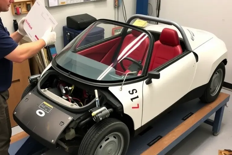 A Sinclair C5 electric vehicle on a workbench with its windshield being replaced by a mechanic. The mechanic, wearing gloves, holds a new windshield in one hand while using a tool to remove the old windshield. The scene includes tools, a partially opened windshield frame, and the vehicle's body exposed, all depicted without any text, numbers, or logos.